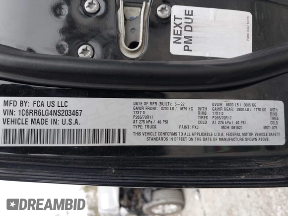 2022 Ram 1500 SLT z VIN 1C6RR6LG4NS203467, wystawiony jako IAAI lot #41327275 z przebiegiem 78 412 mil mil oraz . Historia ofert i sprzedaży dostępna na DreamBid. Obrazek 9.