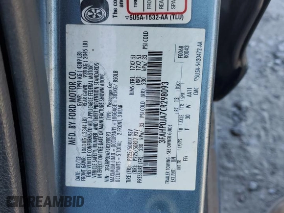 2012 Ford Fusion SEL with VIN 3FAHP0JA7CR298093, listed as a Copart auction lot 52256555 with 78,823 mi miles and Salvage Title. Bid and sale history available at carsss.com. Image 12.