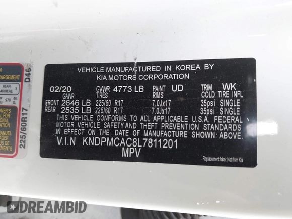 2020 Kia Sportage LX with VIN KNDPMCAC8L7811201, listed as a IAAI auction lot 40839866 with 1 mi miles. Bid and sale history available at carsss.com. Image 8.