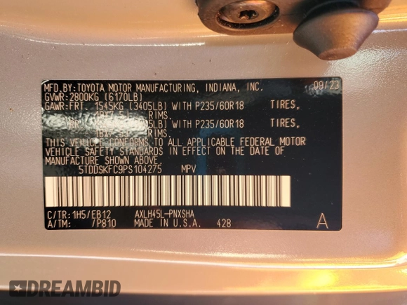 2023 Toyota Sienna XSE with VIN 5TDDSKFC9PS104275, listed as a Copart auction lot 43190195 with 19,644 mi miles and Salvage title. Bid and sale history available at DreamBid. Image 14.