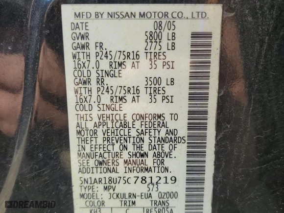 2005 Nissan Pathfinder XE with VIN 5N1AR18U75C781219, listed as a Copart auction lot 46985725 with 213,122 mi miles and Salvage Title. Bid and sale history available at carsss.com. Image 15.
