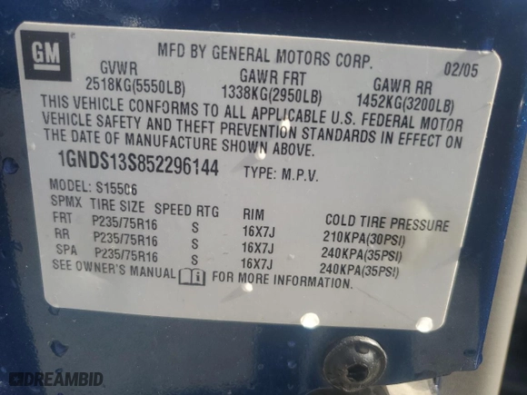 2005 Chevrolet TrailBlazer LS with VIN 1GNDS13S852296144, listed as a Copart auction lot 48712455 with NaN miles and Salvage Title. Bid and sale history available at carsss.com. Image 13.