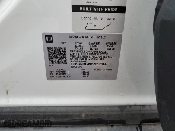 2023 GMC Acadia SLE with VIN 1GKKNRL49PZ217814, listed as a Copart auction lot 56562515 with 20,757 mi miles and Salvage title. Bid and sale history available at DreamBid. Image 13.