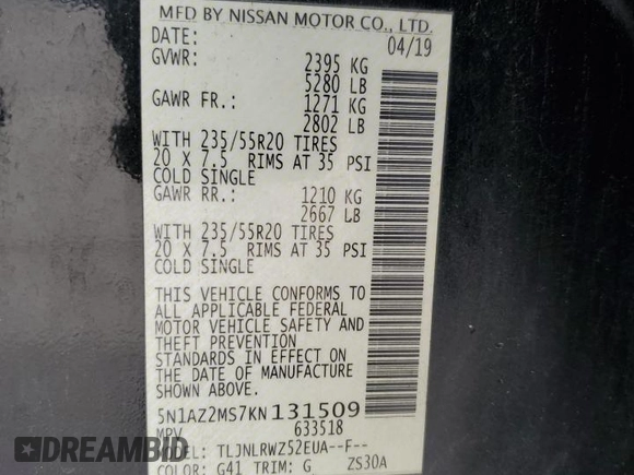 2019 Nissan Murano SL with VIN 5N1AZ2MS7KN131509, listed as a Copart auction lot 51875335 with 126,758 mi miles and Salvage Title. Bid and sale history available at DreamBid. Image 15.