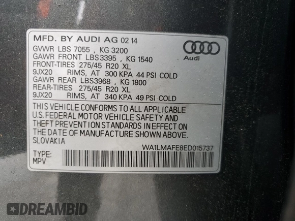 2014 Audi Q7 Premium Plus with VIN WA1LMAFE8ED015737, listed as a Copart auction lot 62099545 with 129,505 mi miles and Salvage title. Bid and sale history available at DreamBid. Image 14.