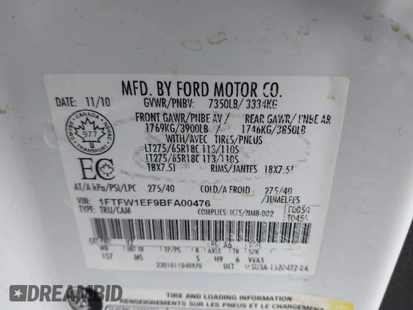 2011 Ford F-150 XL with VIN 1FTFW1EF9BFA00476, listed as a IAAI auction lot 40983977 with 189,294 mi miles. Bid and sale history available at carsss.com. Image 9.