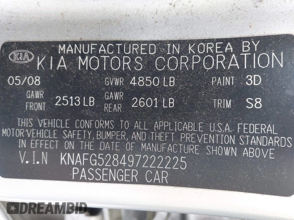 2009 Kia Rondo LX with VIN KNAFG528497222225, listed as a IAAI auction lot 42108192 with 113,040 mi miles. Bid and sale history available at carsss.com. Image 9.