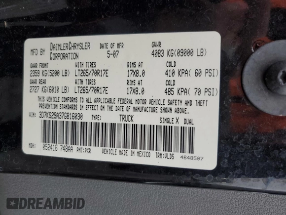 2007 Dodge Ram 2500 SLT with VIN 3D7KS29A37G816030, listed as a Copart auction lot 88985315 with 157,986 mi miles and Salvage Title. Bid and sale history available at carsss.com. Image 14.