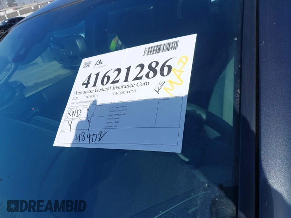 2020 Toyota Tacoma SR5 with VIN 3TMCZ5AN2LM351472, listed as a IAAI auction lot 41621286 with 48,402 mi miles and . Bid and sale history available at DreamBid. Image 17.