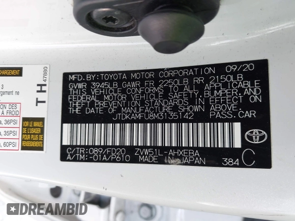 2021 Toyota Prius L Eco with VIN JTDKAMFU8M3135142, listed as a IAAI auction lot 42317007 with 77,353 mi miles and . Bid and sale history available at DreamBid. Image 9.