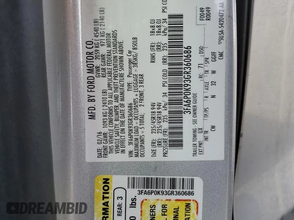2016 Ford Fusion Titanium with VIN 3FA6P0K93GR360686, listed as a Copart auction lot 50760895 with 187,369 mi miles and Salvage title. Bid and sale history available at DreamBid. Image 14.