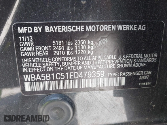 2014 BMW 5 Series 535i with VIN WBA5B1C51ED479359, listed as a IAAI auction lot 42396160 with 149,522 mi miles and . Bid and sale history available at DreamBid. Image 9.