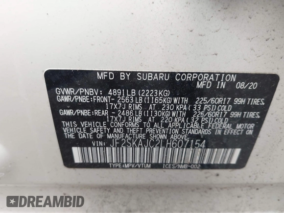 2020 Subaru Forester Premium with VIN JF2SKAJC2LH607154, listed as a IAAI auction lot 42451416 with 27,999 mi miles and . Bid and sale history available at DreamBid. Image 9.