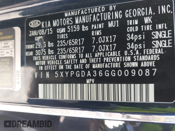 2016 Kia Sorento LX with VIN 5XYPGDA36GG009087, listed as a IAAI auction lot 41968021 with 150,658 mi miles. Bid and sale history available at carsss.com. Image 9.