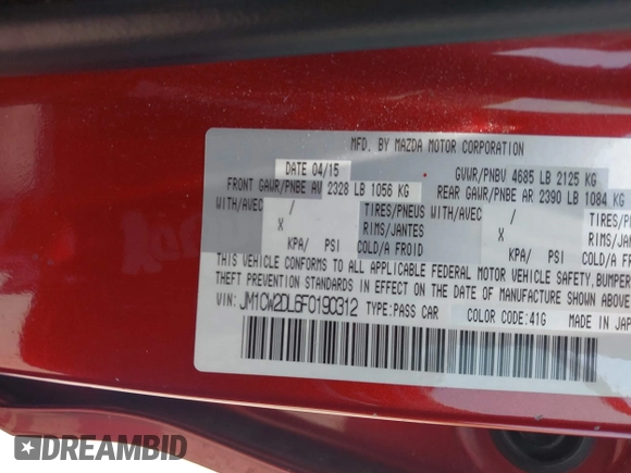 2015 Mazda 5 Grand Touring with VIN JM1CW2DL6F0190312, listed as a IAAI auction lot 42433782 with 79,140 mi miles and . Bid and sale history available at DreamBid. Image 9.