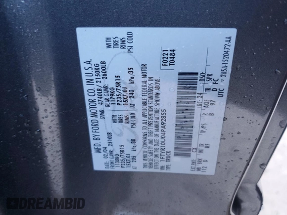 2004 Ford Ranger XL with VIN 1FTYR10U04PA92855, listed as a Copart auction lot 44990195 with Not Provided miles and Salvage Title. Bid and sale history available at DreamBid. Image 12.