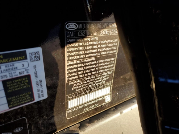 2021 Land Rover Range Rover with VIN SALGS5SE3MA441290, listed as a Copart auction lot 39605704 with 32,422 mi miles and . Bid and sale history available at DreamBid. Image 13.