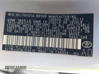 2012 Toyota Corolla L with VIN 2T1BU4EEXCC818354, listed as a IAAI auction lot 42129695 with 216,307 mi miles. Bid and sale history available at carsss.com. Image 9.