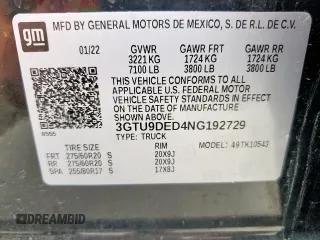 2022 GMC Sierra 1500 SLT with VIN 3GTU9DED4NG192729, listed as a Copart auction lot 54863965 with 1,908 mi miles and Clean Title. Bid and sale history available at DreamBid. Image 12.