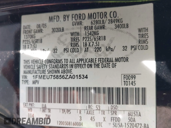2006 Ford Explorer Limited with VIN 1FMEU75856ZA01534, listed as a IAAI auction lot 41894917 with 263,172 mi miles and . Bid and sale history available at DreamBid. Image 9.