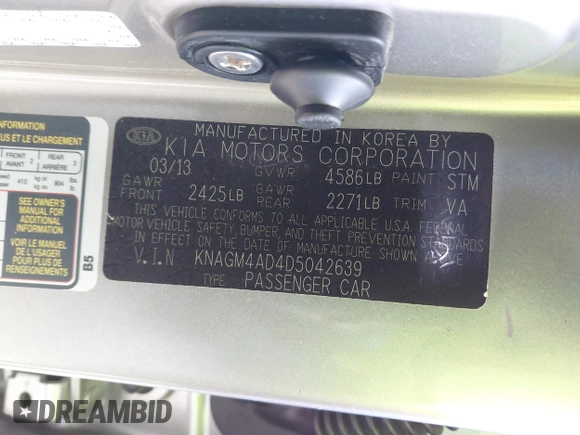 2013 Kia Optima EX z VIN KNAGM4AD4D5042639, wystawiony jako IAAI lot #41808282 z przebiegiem 107 763 mil mil oraz . Historia ofert i sprzedaży dostępna na DreamBid. Obrazek 9.