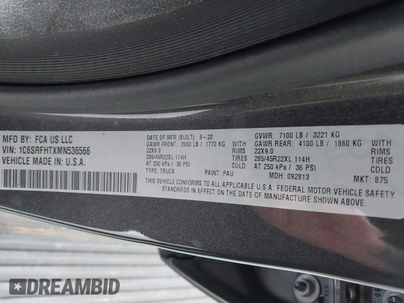 2021 Ram 1500 Limited with VIN 1C6SRFHTXMN536566, listed as a IAAI auction lot 42470029 with 50,728 mi miles and . Bid and sale history available at DreamBid. Image 9.