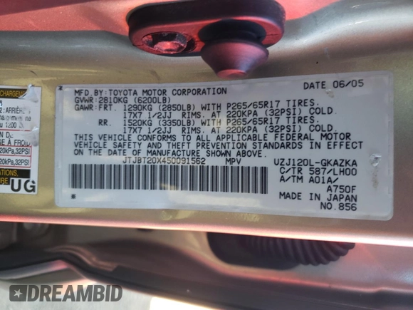 2005 Lexus GX 470 with VIN JTJBT20X450091562, listed as a Copart auction lot 77150944 with 192,023 mi miles and Clean Title. Bid and sale history available at DreamBid. Image 12.