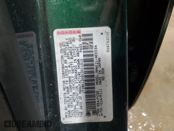 2001 Toyota Prius with VIN JT2BK12U810011010, listed as a Copart auction lot 50097605 with 166,773 mi miles and Salvage Title. Bid and sale history available at carsss.com. Image 12.