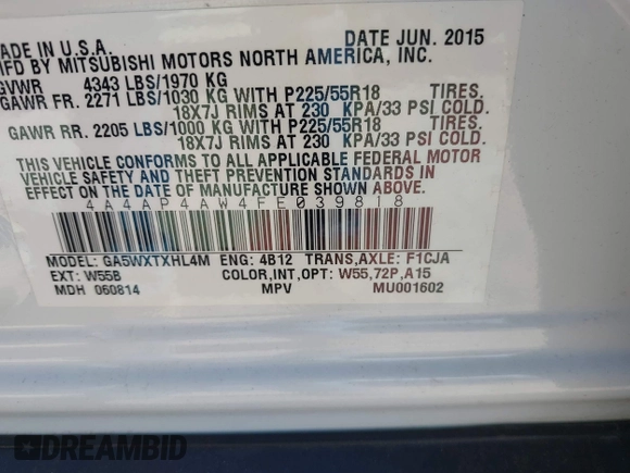 2015 Mitsubishi Outlander Sport 2.4 GT with VIN 4A4AP4AW4FE039818, listed as a IAAI auction lot 41762717 with 139,712 mi miles. Bid and sale history available at carsss.com. Image 9.