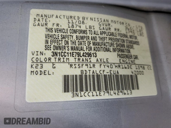2009 Nissan Versa 1.6 with VIN 3N1CC11E79L429613, listed as a Copart auction lot 72220034 with 134,891 mi miles and Salvage Title. Bid and sale history available at carsss.com. Image 12.