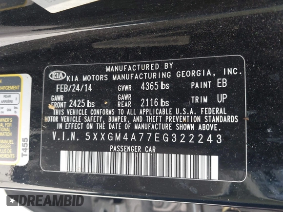 2014 Kia Optima LX z VIN 5XXGM4A77EG322243, wystawiony jako IAAI lot #42334987 z przebiegiem 141 068 mil mil oraz . Historia ofert i sprzedaży dostępna na DreamBid. Obrazek 9.