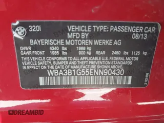 2014 BMW 3 Series 320i with VIN WBA3B1G55ENN90430, listed as a IAAI auction lot 42625836 with 175,531 mi miles and . Bid and sale history available at DreamBid. Image 9.