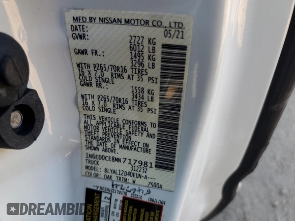 2021 Nissan Frontier S with VIN 1N6ED0CE8MN717981, listed as a Copart auction lot 43574225 with 53,411 mi miles and Salvage title. Bid and sale history available at DreamBid. Image 12.