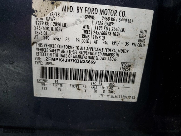 2019 Ford Edge SEL with VIN 2FMPK4J97KBB33669, listed as a Copart auction lot 46812925 with 0 mi miles and Salvage Title. Bid and sale history available at carsss.com. Image 13.