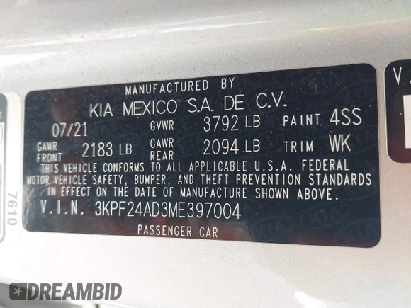 2021 Kia Forte LXS z VIN 3KPF24AD3ME397004, wystawiony jako IAAI lot #42444463 z przebiegiem 36 776 mil mil oraz . Historia ofert i sprzedaży dostępna na DreamBid. Obrazek 9.