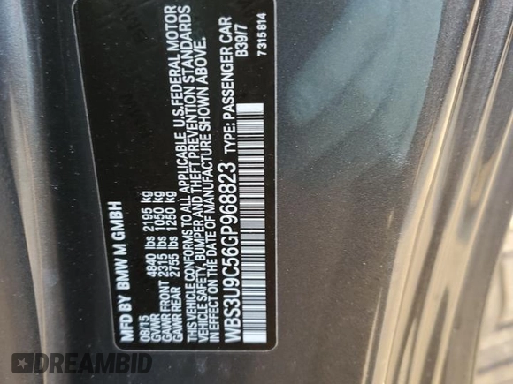 2016 BMW M4 with VIN WBS3U9C56GP968823, listed as a Copart auction lot 42912505 with 62,996 mi miles and Salvage Title. Bid and sale history available at carsss.com. Image 12.