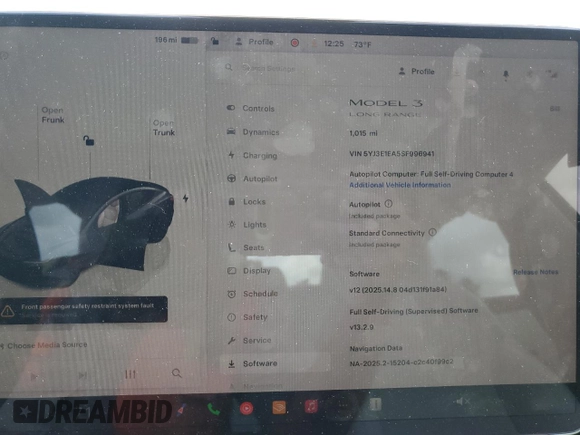 2025 Tesla Model 3 Long Range с VIN 5YJ3E1EA5SF996941, выставлен на аукционе Copart как лот 60059355 с пробегом 1 015 миль миль и Списание • Salvage title. История ставок и продаж доступна на DreamBid. Изображение 9.