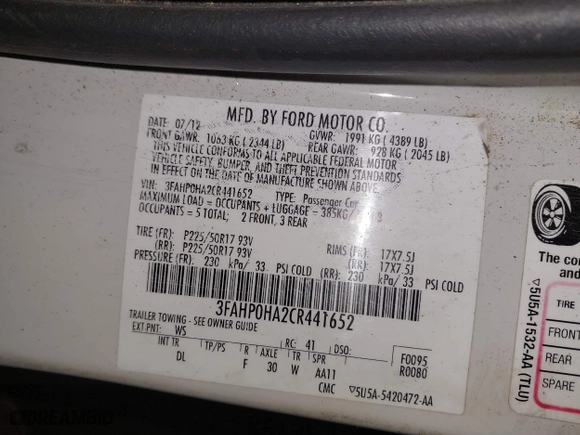 2012 Ford Fusion SE with VIN 3FAHP0HA2CR441652, listed as a IAAI auction lot 41723089 with 207,239 mi miles. Bid and sale history available at carsss.com. Image 9.