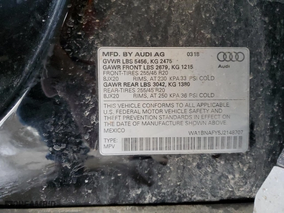 2018 Audi Q5 Premium Plus with VIN WA1BNAFY5J2148707, listed as a Copart auction lot 50155745 with 101,013 mi miles and Non Repairable. Bid and sale history available at carsss.com. Image 15.