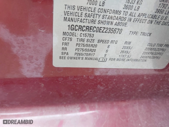 2014 Chevrolet Silverado 1500 LT with VIN 1GCRCREC0EZ235670, listed as a IAAI auction lot 41575442 with 94,848 mi miles. Bid and sale history available at carsss.com. Image 9.