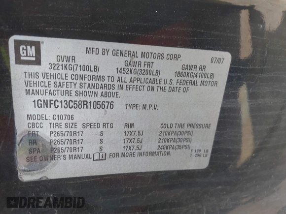 2008 Chevrolet Tahoe LS with VIN 1GNFC13C58R105676, listed as a IAAI auction lot 42603839 with 322,614 mi miles and . Bid and sale history available at DreamBid. Image 9.