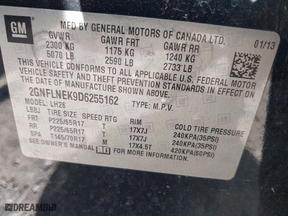 2013 Chevrolet Equinox LT with VIN 2GNFLNEK9D6255162, listed as a IAAI auction lot 41993387 with 129,016 mi miles. Bid and sale history available at carsss.com. Image 9.