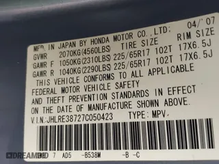 2007 Honda CR-V EX-L with VIN JHLRE38727C050423, listed as a IAAI auction lot 41808938 with 155,851 mi miles. Bid and sale history available at carsss.com. Image 9.
