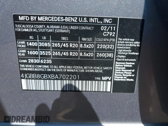 2011 Mercedes-Benz M 350 with VIN 4JGBB8GBXBA702201, listed as a IAAI auction lot 42096046 with 144,342 mi miles and . Bid and sale history available at DreamBid. Image 9.