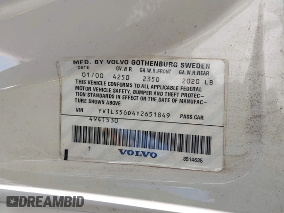 2000 Volvo S70 z VIN YV1LS56D4Y2651849, wystawiony jako IAAI lot #42246127 z przebiegiem 153 319 mil mil oraz . Historia ofert i sprzedaży dostępna na DreamBid. Obrazek 9.