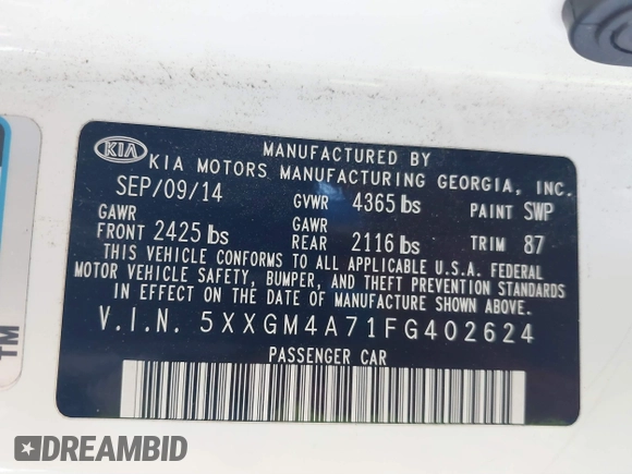 2015 Kia Optima LX with VIN 5XXGM4A71FG402624, listed as a IAAI auction lot 40493003 with 100,237 mi miles. Bid and sale history available at carsss.com. Image 9.