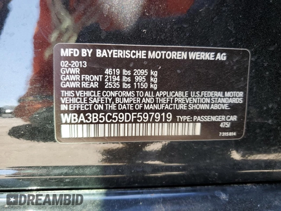 2013 BMW 3 Series 328i xDrive with VIN WBA3B5C59DF597919, listed as a Copart auction lot 50035665 with 105,883 mi miles and Salvage Title. Bid and sale history available at carsss.com. Image 12.
