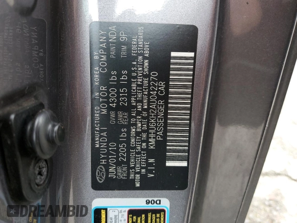 2010 Hyundai Genesis Coupe Grand Touring z VIN KMHHU6KH2AU042270, wystawiony jako Copart lot #82710674 z przebiegiem 56 592 mil mil oraz Szkoda całkowita • Salvage title. Historia ofert i sprzedaży dostępna na DreamBid. Obrazek 12.