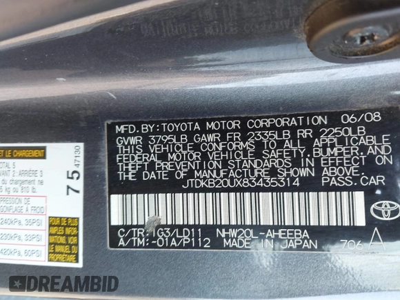 2008 Toyota Prius with VIN JTDKB20UX83435314, listed as a IAAI auction lot 42194852 with 109,724 mi miles. Bid and sale history available at carsss.com. Image 9.