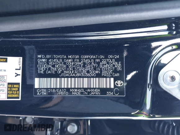 2024 Toyota Prius LE with VIN JTDACAAU8R3038090, listed as a IAAI auction lot 41518657 with 173 mi miles. Bid and sale history available at carsss.com. Image 9.